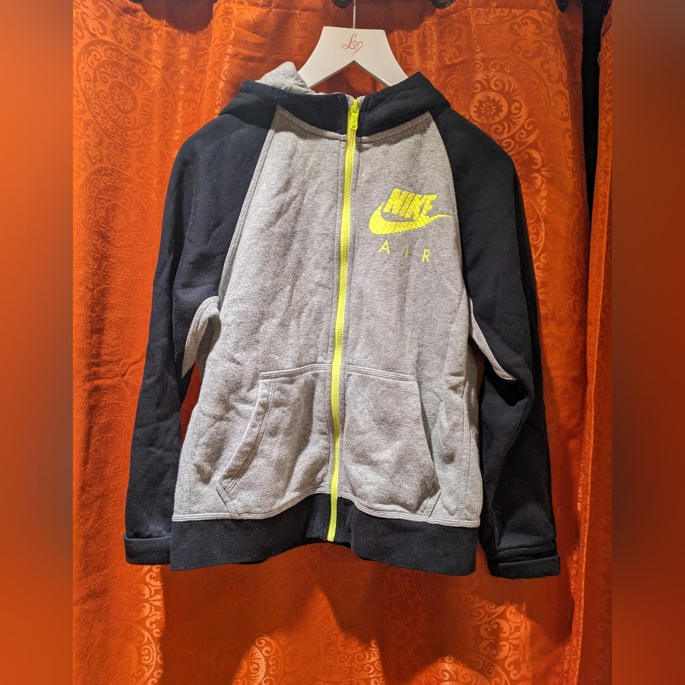 Nike Zip Up Hoodie, Black/Gray with Neon Check and Zipper Juniors L